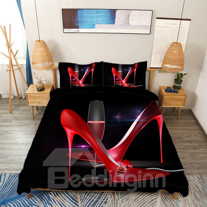 3D 4-Piece Duvet Cover Set Sexy Red Pointy High Heels And Wine Glass Goblet Soft High-Quality Microfiber Bedding Sets Ul (Queen)