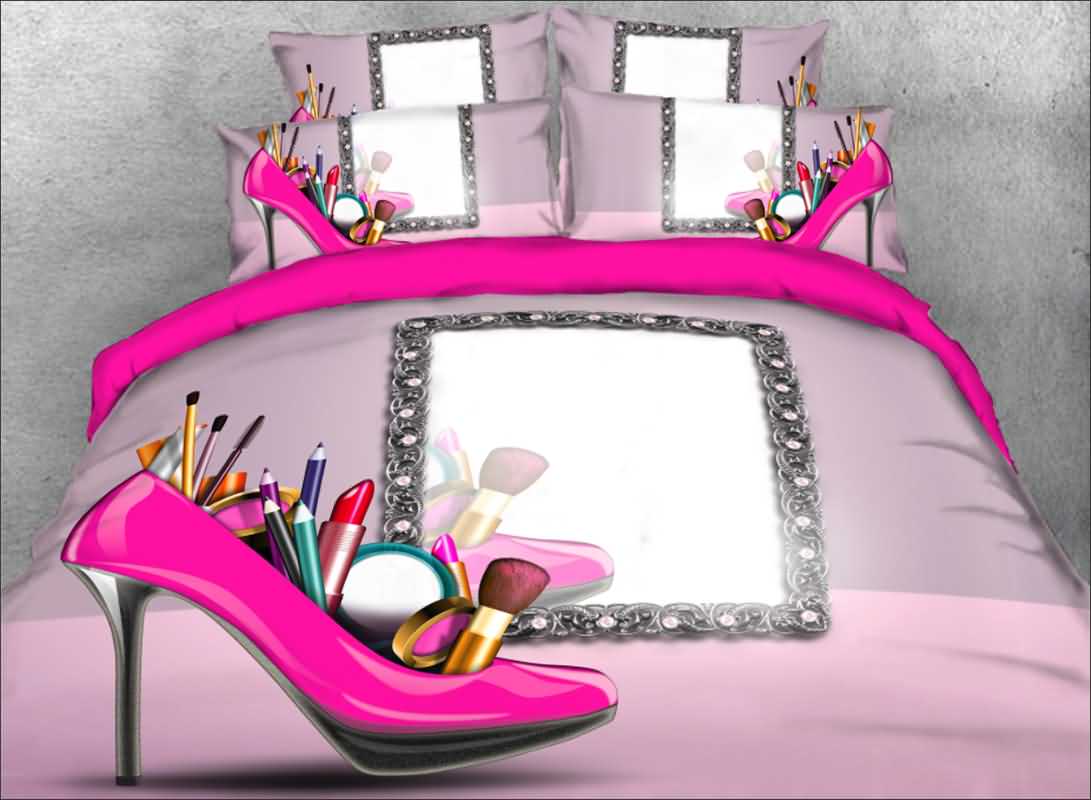 Pink High Heel And Makeup Tools 3D Printed 4-Piece Duvet Cover Set/Bedding Set No-fading Microfiber (King)