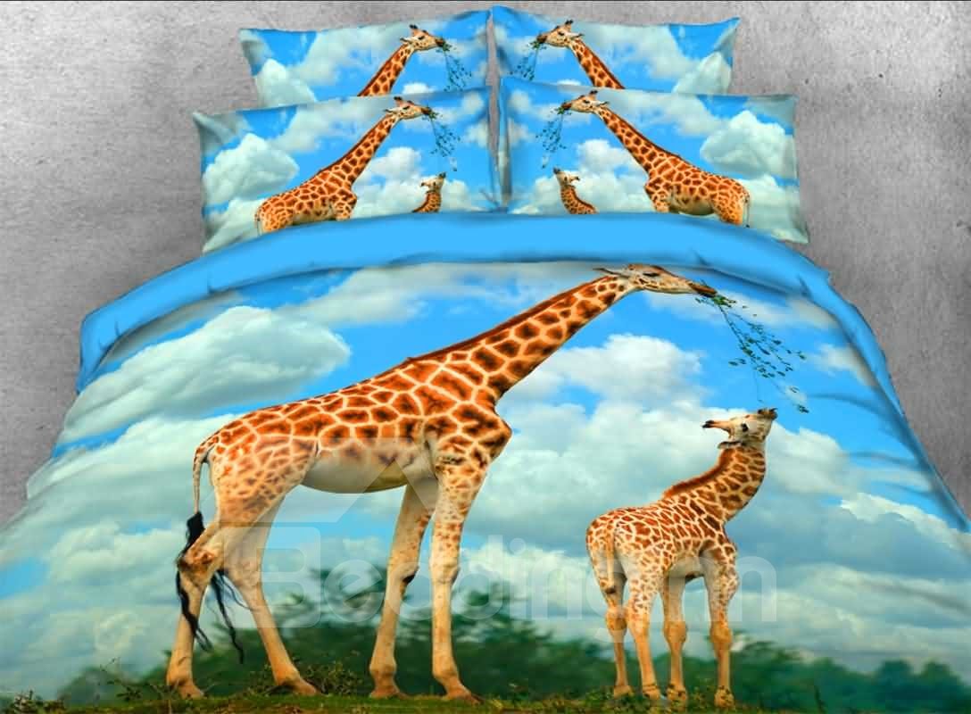 Giraffe Mother and Calf Printed 3D 4-Piece Animal Print Bedding Set/Duvet Cover Set Blue Sky (King)