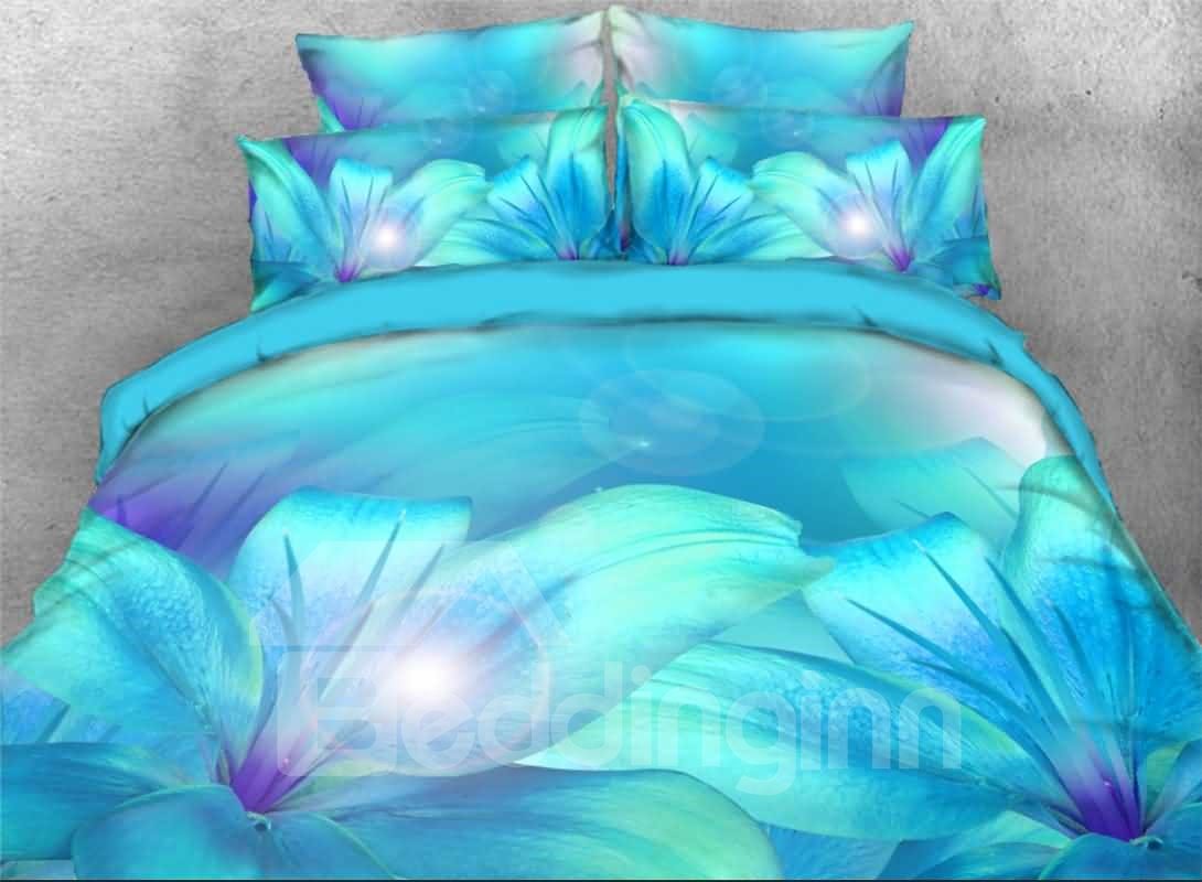 Light Blue Lily 3D Printed 4-Piece Floral Bedding Set/Duvet Cover Set (King)
