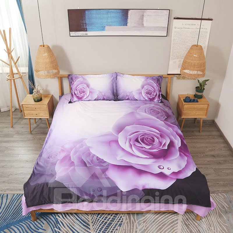 Dewy Purple Roses Printed 4-Piece 3D Floral Bedding Set/Duvet Cover Set (King)