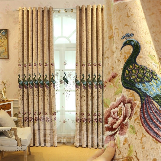 Elegant and Modern Embroidered Peacocks 2 Panels Living Room Grommet Top Curtain (84W*84"L)