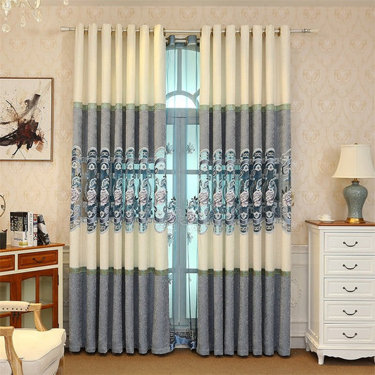 Cortina de salón con diseño ahuecado, elegante y acogedora, con flores bordadas en azul claro (100W*96"L)