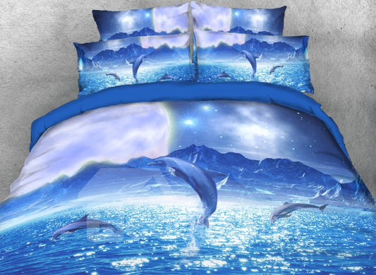 Jumping Dolphins and Starry Sky 3D 4-Piece Bedding Set Blue Sea Duvet Cover Set (King)