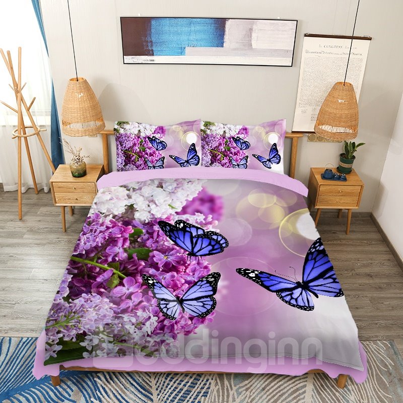 Purple Lilac and Butterflies 3D Floral Printed 4-Piece Bedding Sets/Duvet Covers (Queen)