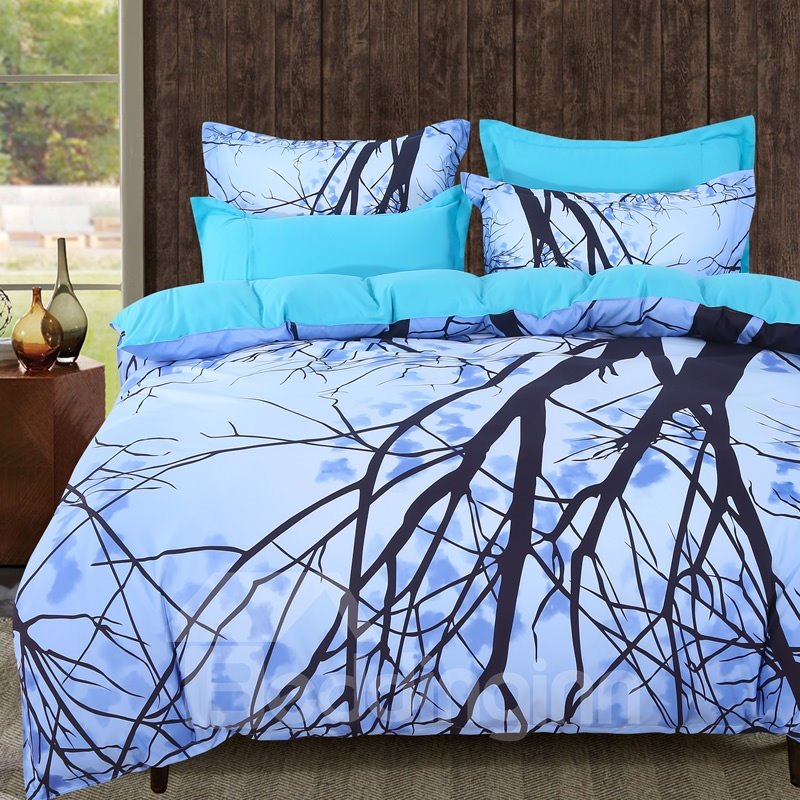 Adorila 60S Brocade Dreamy Light Blue Withered Tree Branches 4-Piece Cotton Bedding Sets (King)