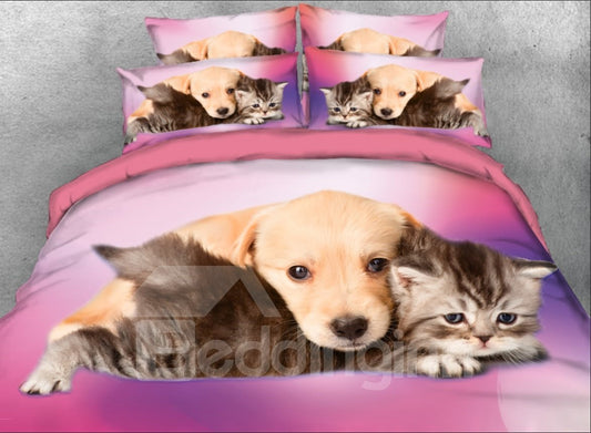 Puppy and Cat Good Friends Printed 4-Piece 3D Bedding Sets/Duvet Cover Set Red (King)