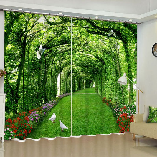 3D-Fenstervorhang mit kräftigen grünen Bäumen und weißen Tauben, bedruckt, 2 Bahnen (104 W x 84 Zoll L)