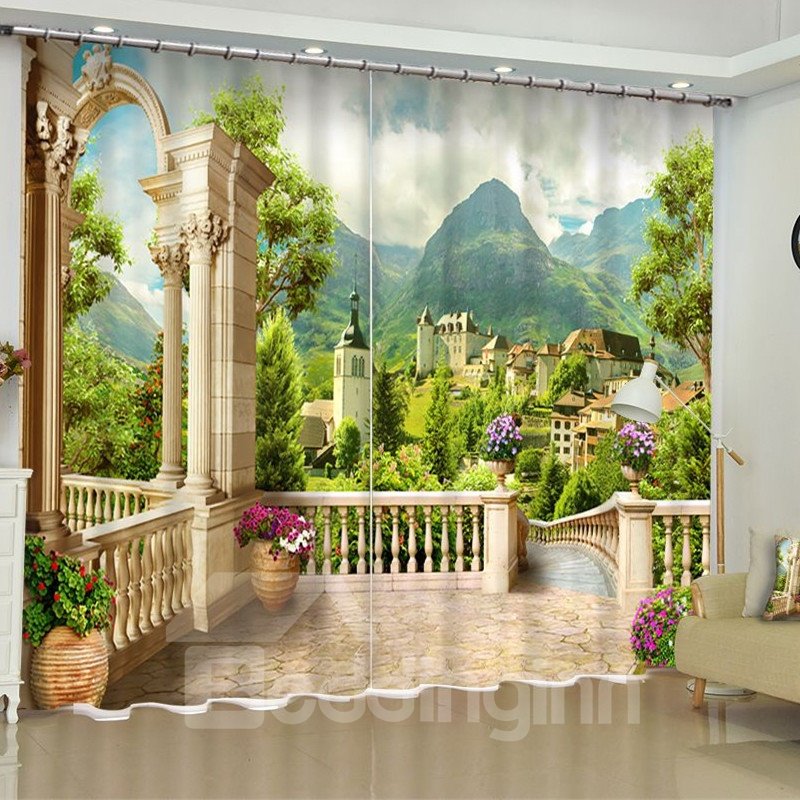 3D Green Mountains and Retro Castles Printed Polyester Custom Living Room Drapes (104W*95"L)