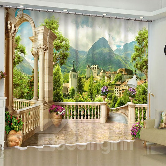 3D-Wohnzimmervorhänge aus bedrucktem Polyester mit grünen Bergen und Retro-Schlössern (104 W x 95 Zoll L)