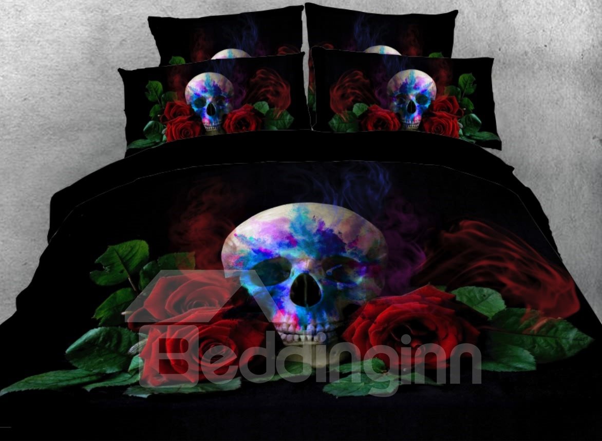 3D Halloween Bedding Skull with Red Roses Printed 4-Piece Duvet Cover Set Microfiber Black (Queen)