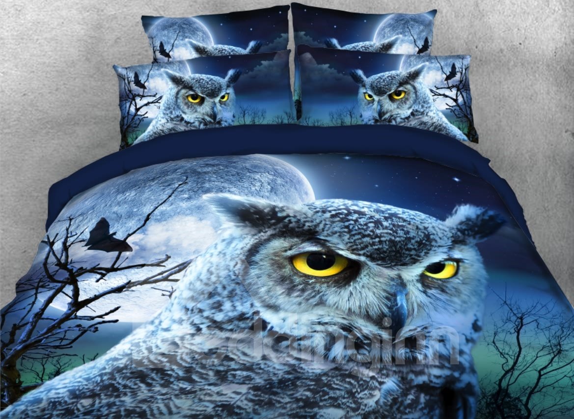 Owl Face with Full Moon Printed 4-Piece 3D Bedding Set/Duvet Cover Set Blue Full Queen King Size (Queen)
