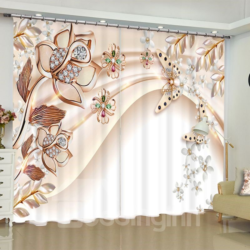 3D Bright Crystal Flowers and Butterflies Printed 2 Panels Living Room Window Curtain (104W*95"L)