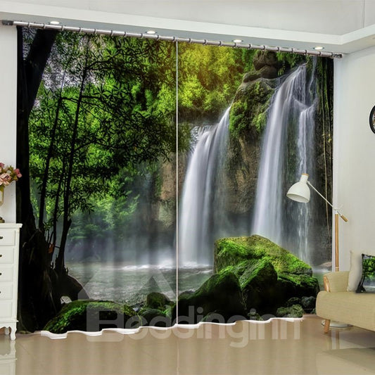 3D-Vorhang mit rollenden Wasserfällen und üppigem Wald, bedruckt, 2 Bahnen, Verdunkelungsvorhang für Wohnzimmer (80 W x 84 Zoll L)