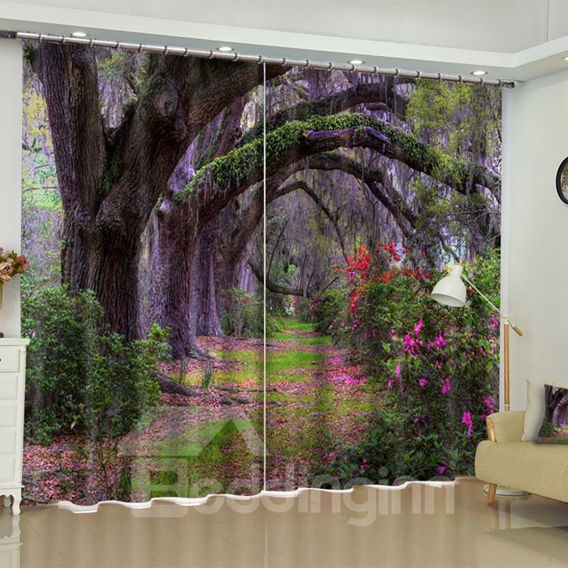 3D Thick Forest and Purple Flowers Printed 2 Panels Living Room Custom Curtain (80W*95"L)