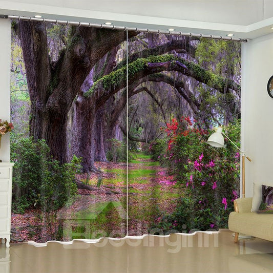 3D-Vorhang mit dickem Wald und violetten Blumen, bedruckt, 2 Paneele, individueller Vorhang für Wohnzimmer (80 W x 95 Zoll L)