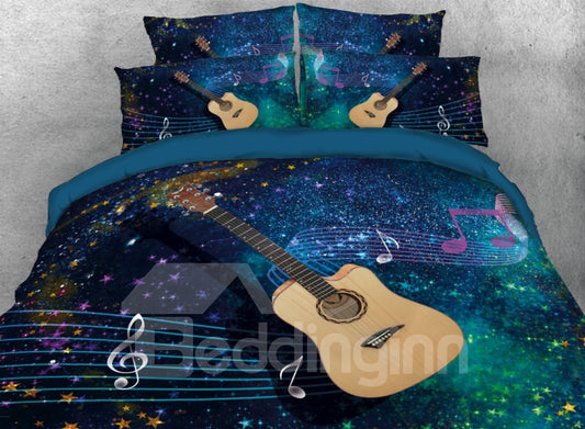 Guitar with Musical Notation Printed 3D 4-Piece Bedding Set/Duvet Cover Set Blue (Queen)