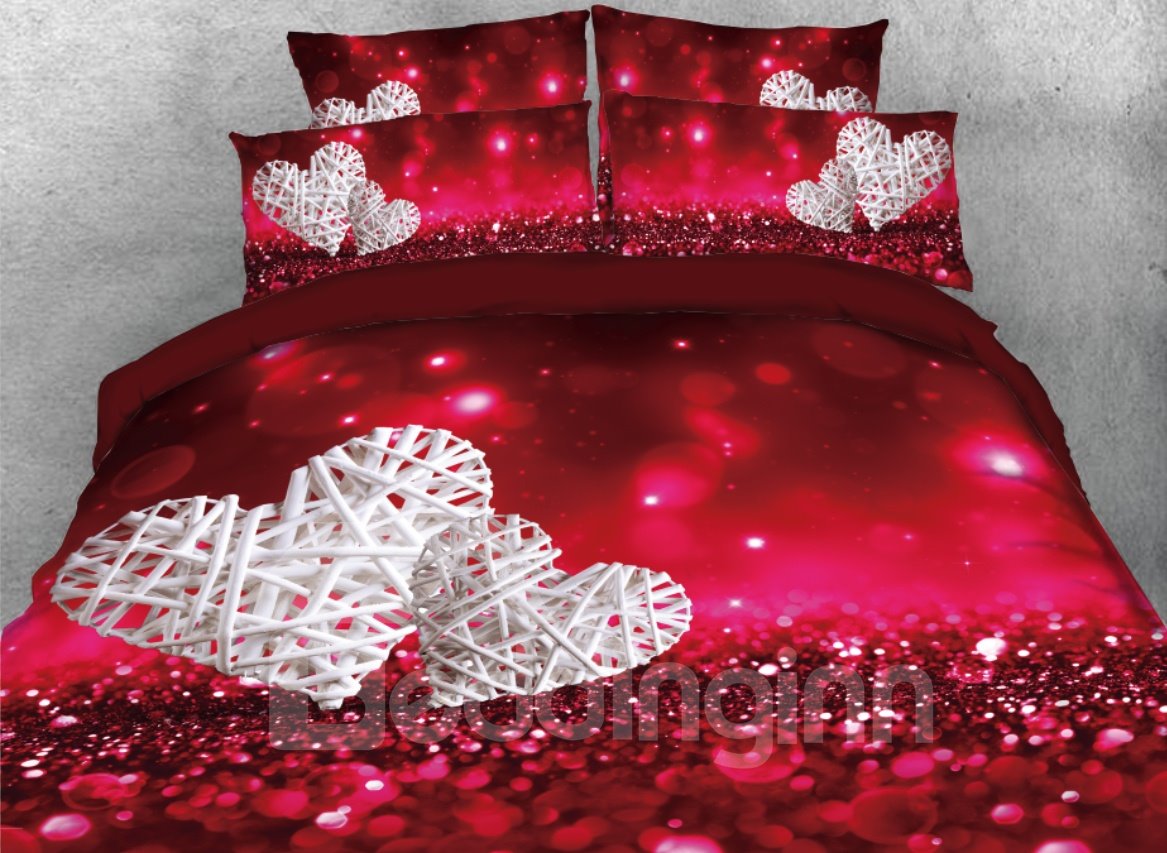 Love Heart Shape Printed 4-Piece 3D Bedding Set/Duvet Cover Set Valentines Day Gift Red (Queen)