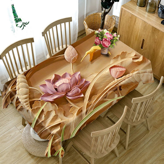 3D Delicate Woodcarving Lotus Printed Thick Polyester Table Cover Cloth (60''W*120''L)