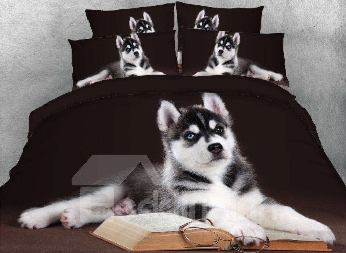 Husky with Book and Glasses 4-Piece 3D Duvet Cover Set Black Dog Bedding Set (Queen)