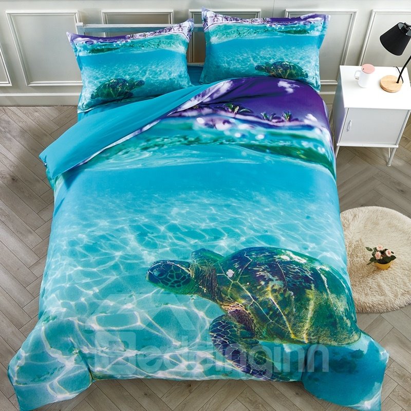 Turtle in The Blue Shallow Ocean 3D Printed 4-Piece Bedding Sets/Duvet Covers (Queen)