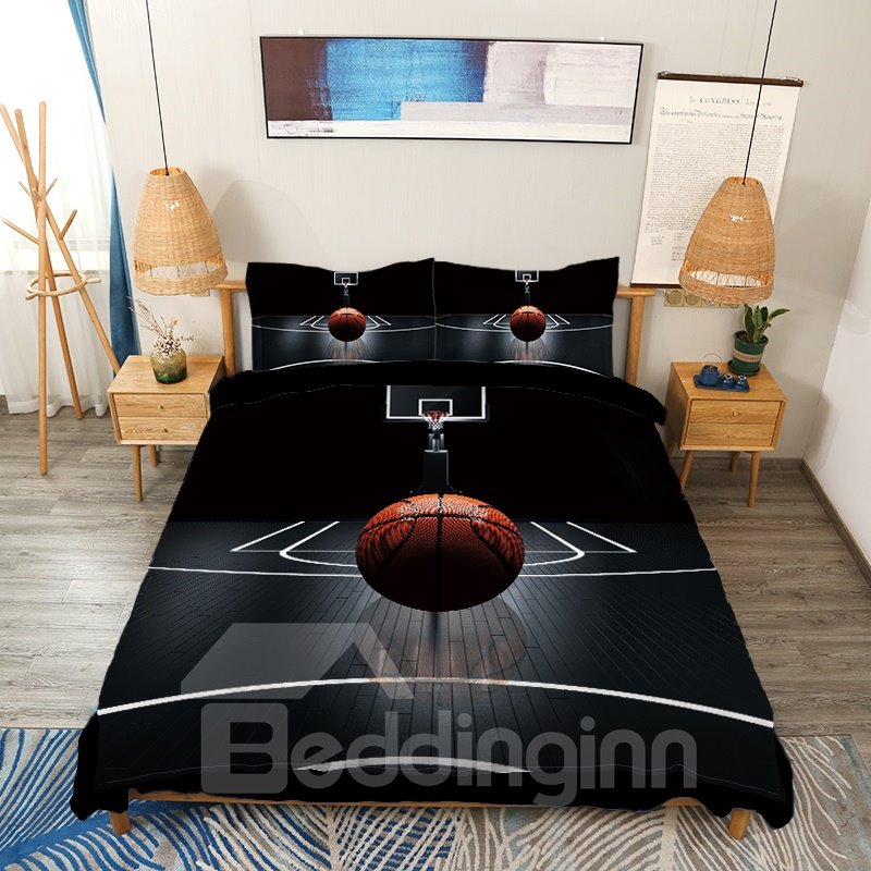Basketball on the Court Printed 4-Piece 3D Black Bedding Sets/Duvet Covers (Queen)