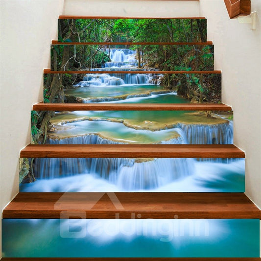 3D Waterfall and Tree 6-Piece PVC Waterproof Eco-friendly Self-Adhesive Stair Mural (108*100cm)
