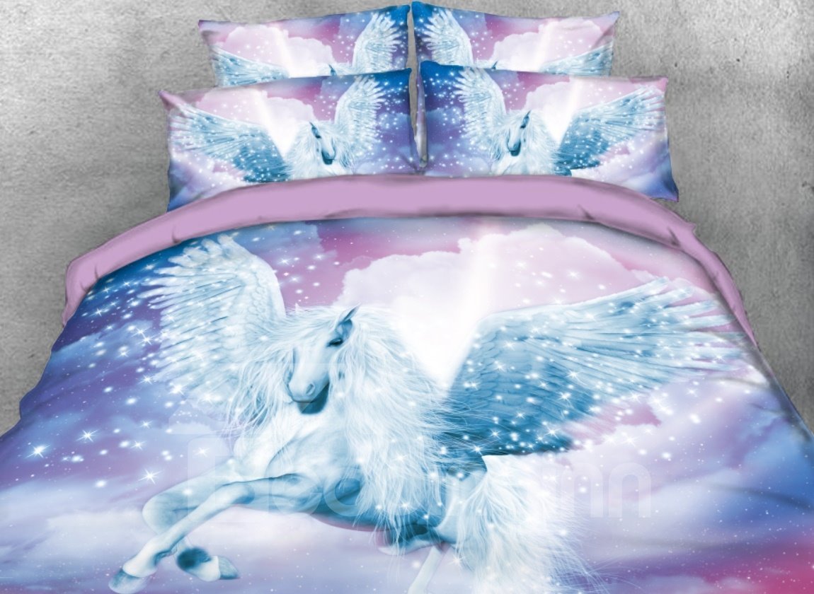 White Unicorn with Wings Printed 4-Piece 3D Bedding Sets/Duvet Covers Blue Pink (King)