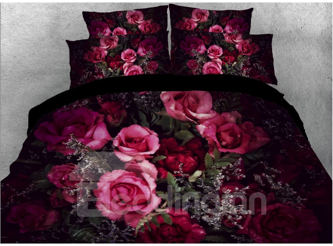 Juego de funda nórdica de rosas románticas en 3D, juego de cama de 4 piezas con lazos antideslizantes, sábanas suaves y duraderas y fundas de almohada para B (King)