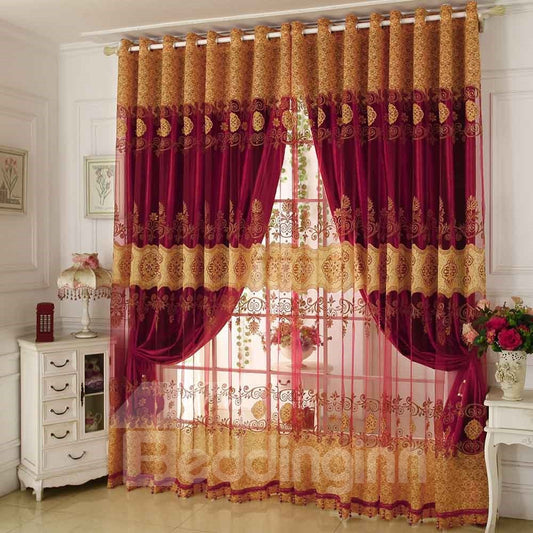 Classical Red Pattern Shading Sheer Beads Polyester Curtain (100W*48"L)