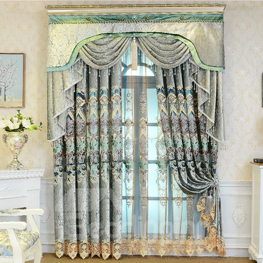 Luxury Palace Style Blue Elegant Pattern Shading Curtain (84W*84"L)