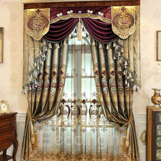 Precioso paño de sombreado bordado dorado de lujo, 2 paneles, cortinas opacas decorativas (100W*96"L)