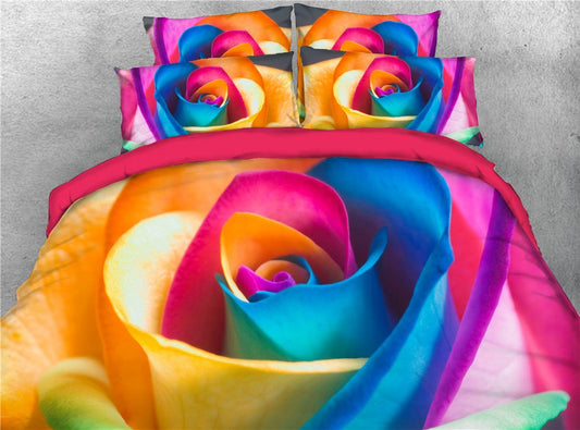 Colorful Rose 4-Piece 3D Floral Bedding Set/Duvet Cover Set Ultra Soft Comforter Cover with Zipper Closure and Corner Ti (Queen)