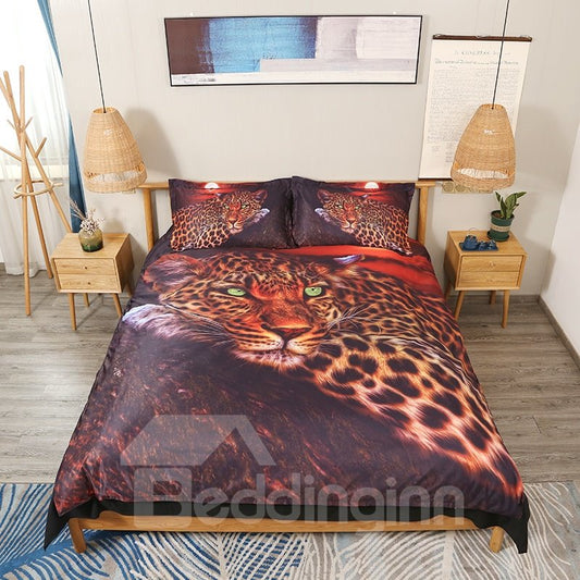 3D Wild Leopard 4-Piece Animal Print Duvet Cover Set/Bedding Set Soft Skin-friendly Microfiber (Twin)