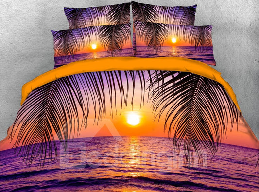 Juego de cama y funda nórdica de 4 piezas con paisaje marino en 3D, puesta de sol roja (Queen) 