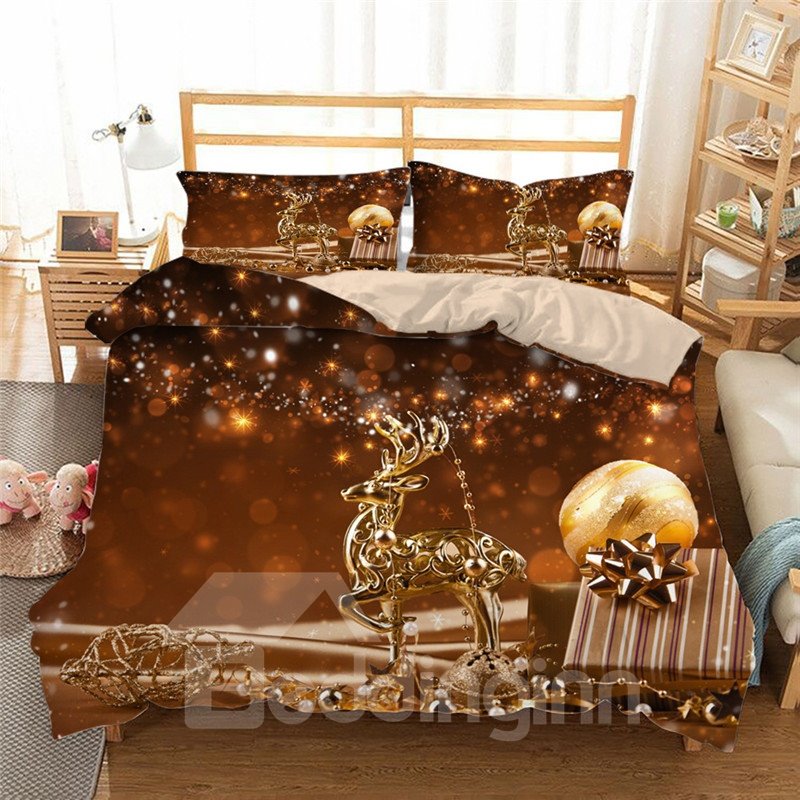 Golden Reindeer and Ornaments Printing 4-Piece 3D Christmas Bedding Set/Duvet Cover Set Polyester (King)