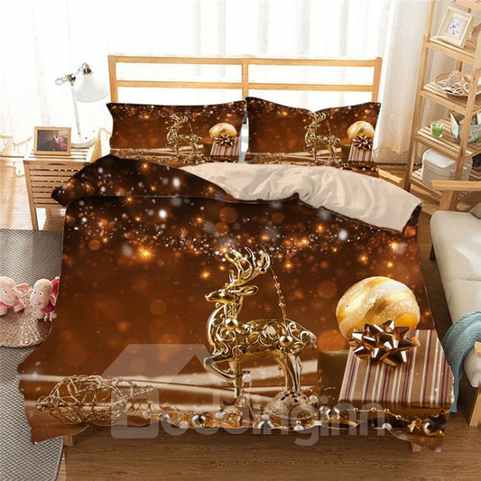 Golden Reindeer and Ornaments Printing 4-Piece 3D Christmas Bedding Set/Duvet Cover Set Polyester (King)