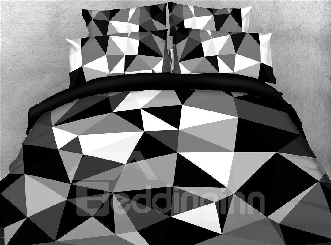 Black and White Abstract Geometric Printed 4-Piece 3D Duvet Cover Set/Bedding Set Microfiber (Queen)