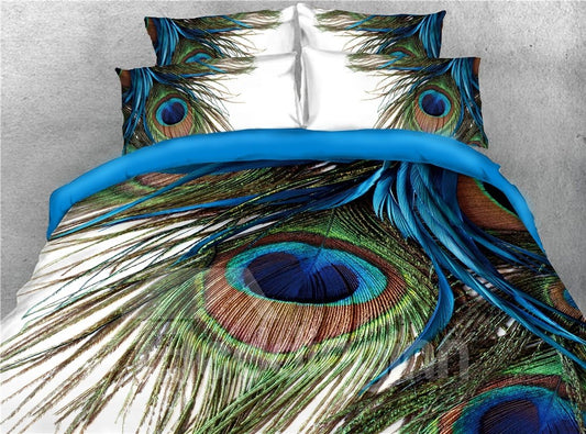 3D Peacock Feathers Duvet Cover Set 4-Piece Bedding Set Blue Soft Skin-friendly Microfiber (Queen)
