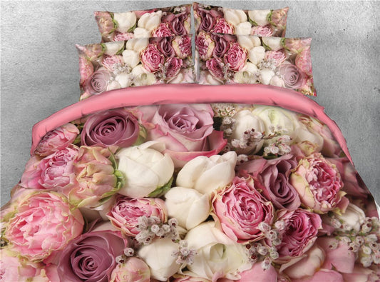 Bouquets of Rose Flowers Printed 4-Piece 3D Bedding Set/Duvet Cover Set Ultra-soft No-fading Microfiber Full Queen King (Full)