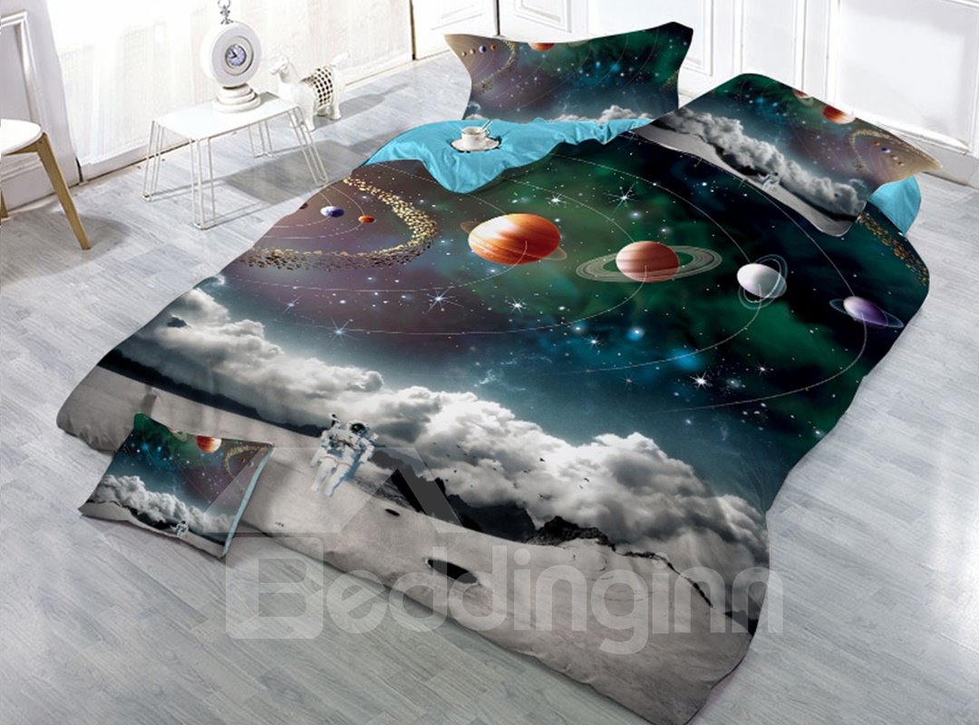 Astronaut and Celestial Planet Universe Galaxy Printed 3D 4-Piece Bedding Sets/Duvet Covers (Queen)