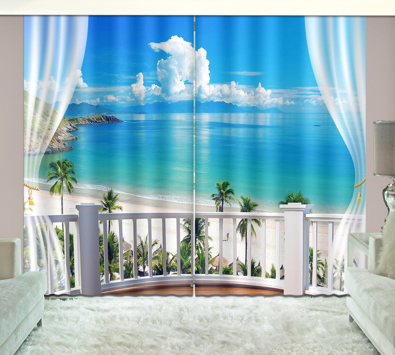 3D Printed Beach with White Clouds and Coconut Trees Scenery Custom Living Room Curtain (87W*84"L)