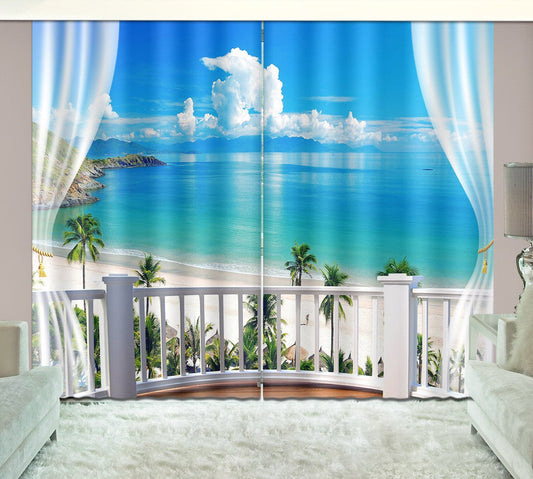 3D-gedruckter Strand mit weißen Wolken und Kokospalmenlandschaft, individueller Wohnzimmervorhang (87 W x 84 Zoll L)