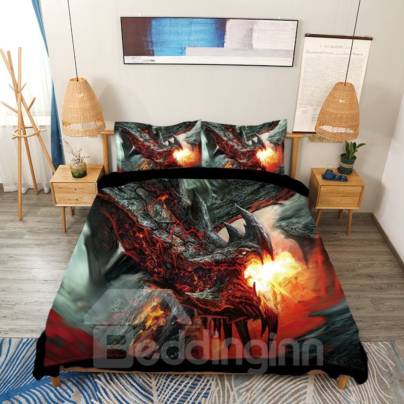 Black Dragon Spouting Fire Printed 4-Piece 3D Bedding Sets/Duvet Covers Colorfast Wear-resistant Endurable (King)