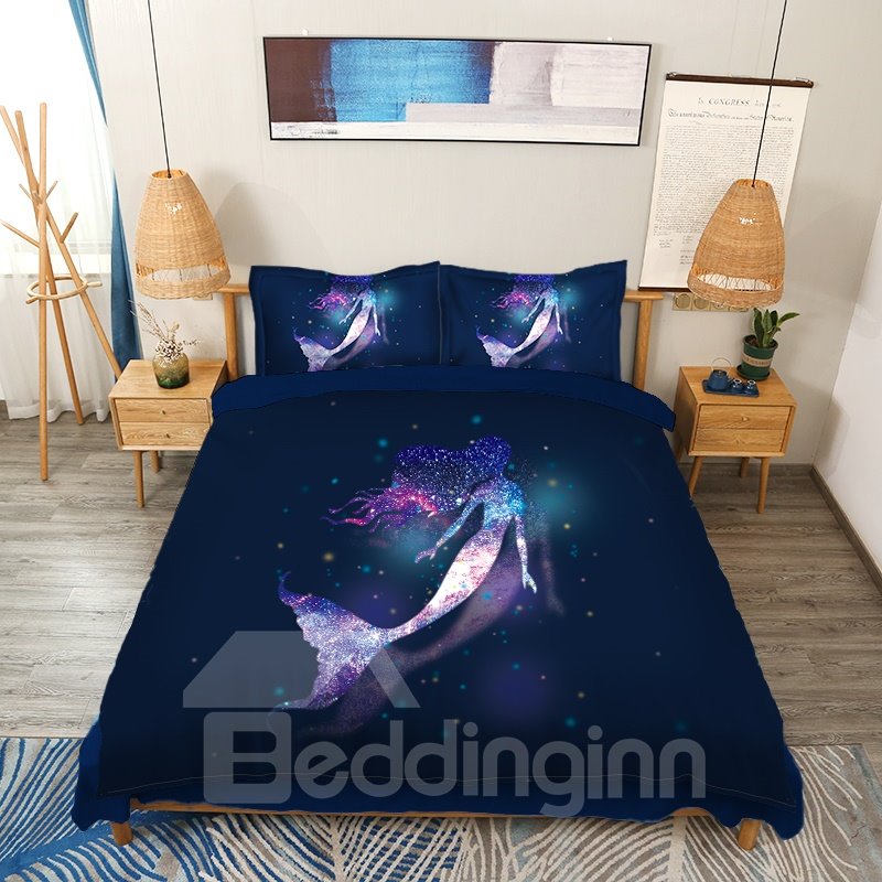 Galaxy Mermaid 3D Animal Duvet Cover Set 4Pcs Bedding Set Soft Lightweight Blue (King)