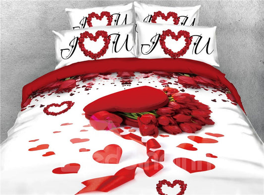 Romantic Red Rose and Heart Shape Printed 4-Piece 3D Floral Bedding Set Colorfast Zipper Duvet Cover Valentine Gift (King)