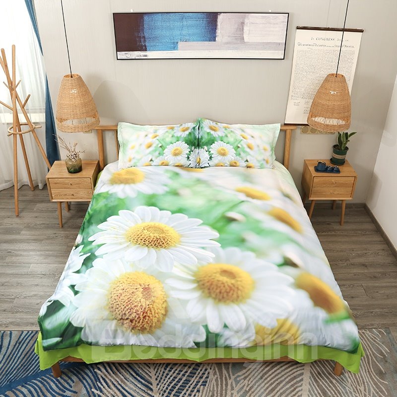 White Daisy Field Fresh Flower Printed 4-Piece 3D Bedding Sets/Duvet Covers Green (Full)