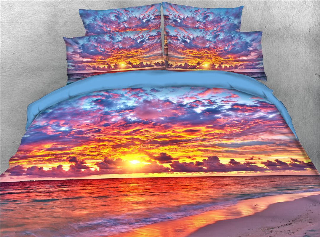 Sky Clouds and Sunset Sea Printed 4-Piece 3D Scenery Bedding Set/Duvet Cover Set Wear-resistant Endurable Skin-friendly (Full)