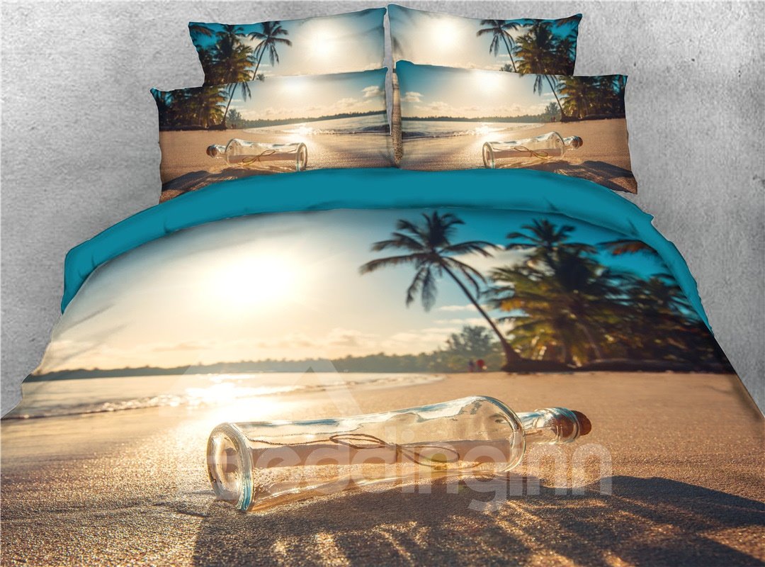 Beach Sunlight and Drift Bottle Printed 4-Piece 3D Sea Scenery Duvet Cover Set/Bedding Set (King)