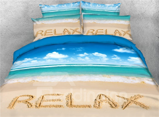 Blue Seaside and Beach Relax Printed 4-Piece 3D Bedding Set/Duvet Cover Set (Queen)